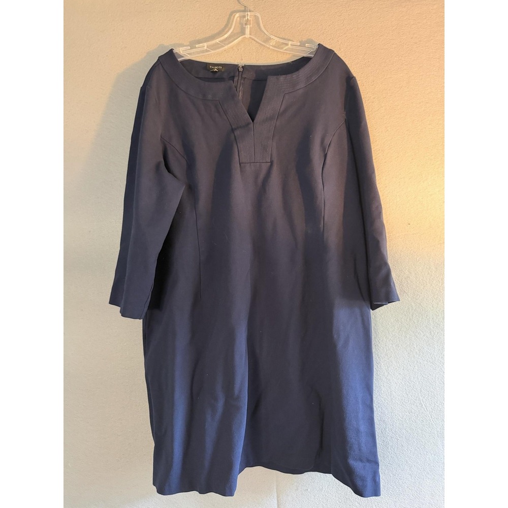 Talbots Dress Womens 20 Blue Boat Neck 3/4 Sleeve Shift Knit Stretch Knee Length